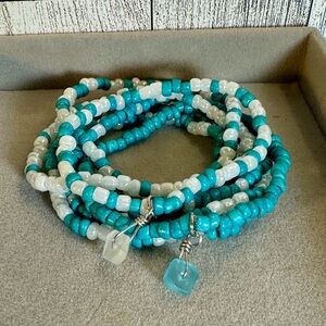 Turquoise and White Beaded Bracelet Stack Set of 7